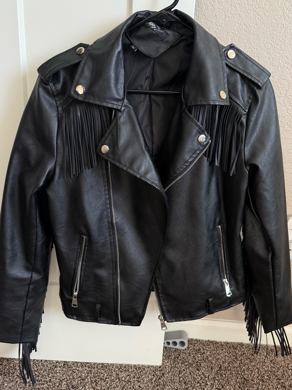 Nasty Gal Black Fringe Faux Leather Biker Jacket